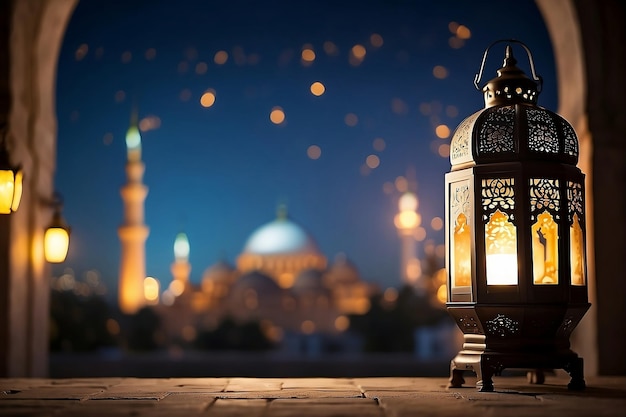 islamska latarnia z niewyraźnym meczetem na tle