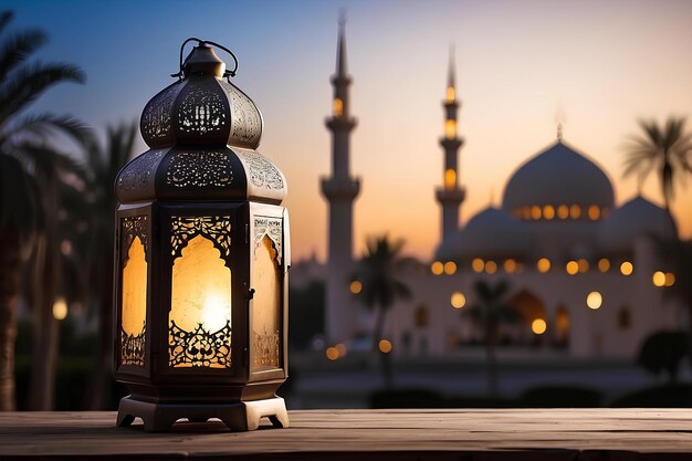 Islamska latarnia z niewyraźnym meczetem w tle