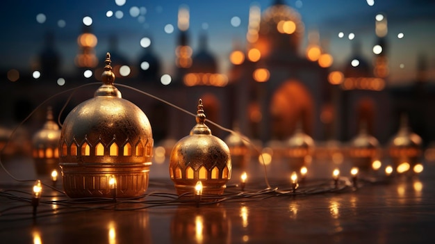 Zdjęcie islamska latarnia z zamazanym meczetem z bokeh w tle dla eid al fitr i adha