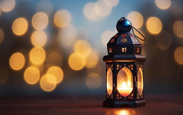 islamska latarnia ze światłami bokeh w tle dla adha i fitr eid