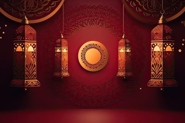 Islamska latarnia złota i bordowa luksusowa ozdoba ramadan kareem uroczystość Tło AI Generated