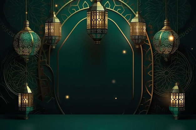 Islamska latarnia złota i zielona luksusowa ozdoba ramadan kareem obchody AI Generated