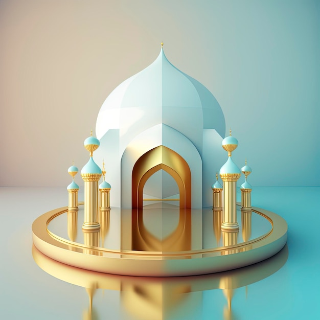 Islamska scena ramadan ze złotą realistyczną sceną meczetu 3d i podium do prezentacji produktu
