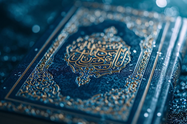 Zdjęcie islamska święta księga koran w miękkim świetle na czarnym tle