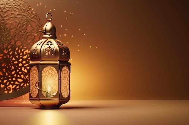 Islamska złota latarnia stoi z ozdobą świecy ramadan kareem zielonym tłem generowanym przez AI