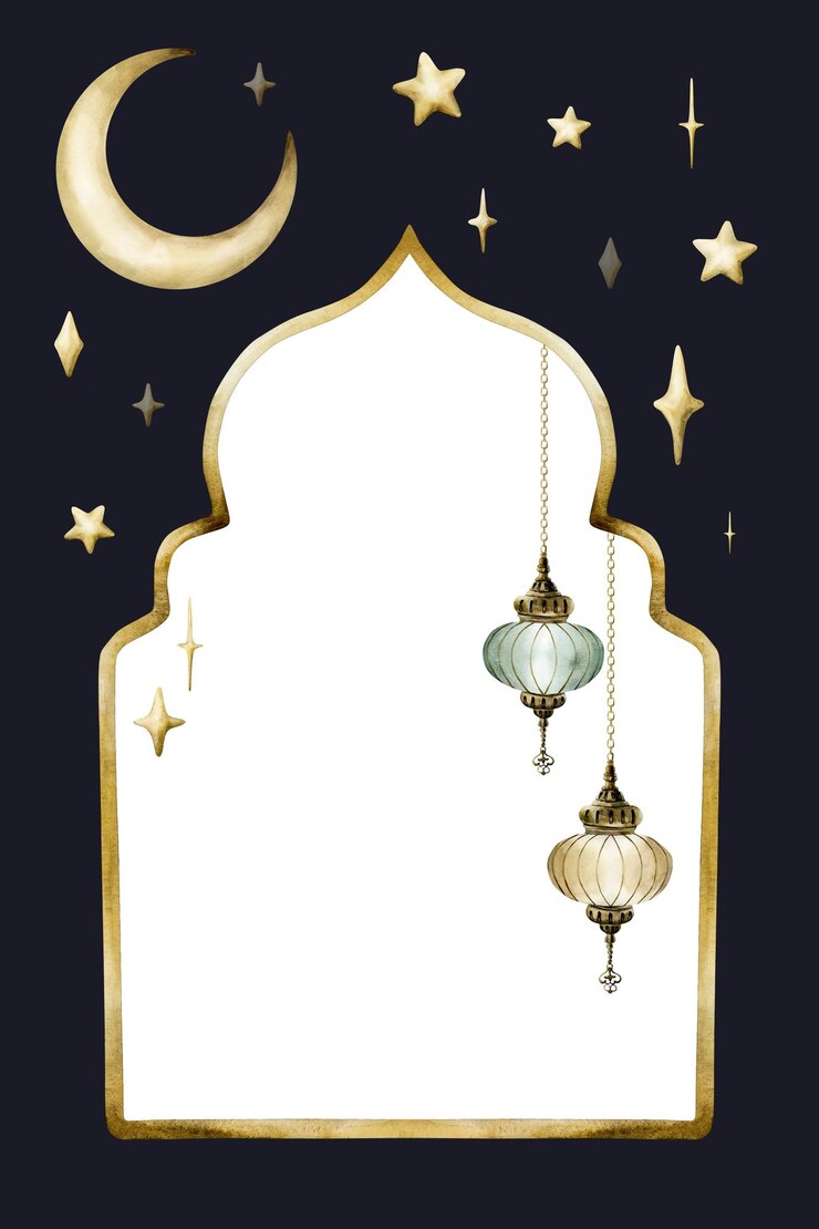 Zdjęcie islamska złota ramka z latarniami księżyc na ciemno niebieskim tle akwarela ilustracja ramadan