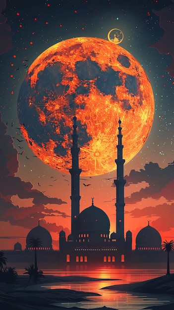 Islamski meczet i minarety na tle nocnego nieba z ogromnym księżycem