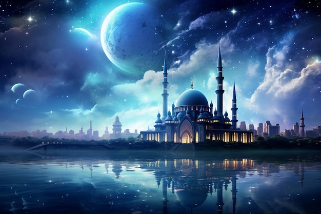 Islamski meczet i niebo pod księżycem i gwiazdami