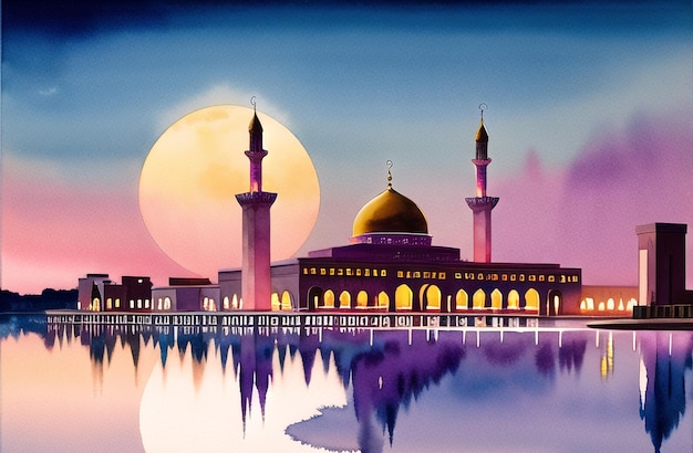 Islamski Meczet Masjid Akwarela malarstwo sztandar dla Ramadan Kareem i Eid Mubarak Pozdrowienia dla muzułmańskiego festiwalu islamskiego Święty miesiąc ramzan Ramadan Tło Ilustracja Generatywna AI