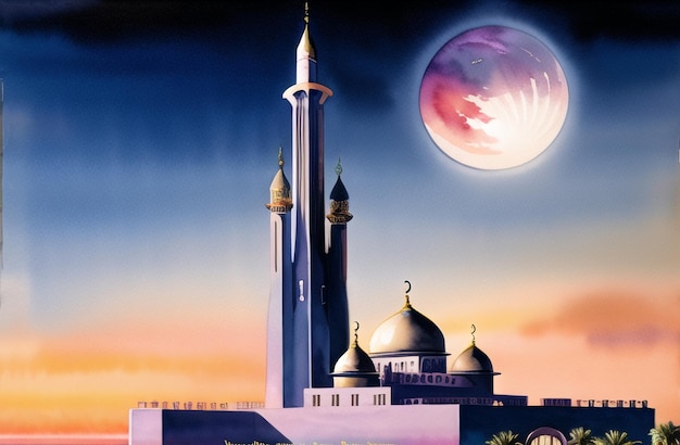 Islamski Meczet Masjid Akwarela malarstwo sztandar dla Ramadan Kareem i Eid Mubarak Pozdrowienia dla muzułmańskiego festiwalu islamskiego Święty miesiąc ramzan Ramadan Tło Ilustracja Generatywna AI