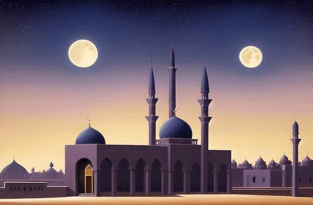 Islamski meczet Masjid generatywny sztandar AI dla Ramadan Kareem i Eid Mubarak Pozdrowienia dla muzułmańskiego festiwalu islamskiego Święty miesiąc ramzan Ramadan Ilustracja tła