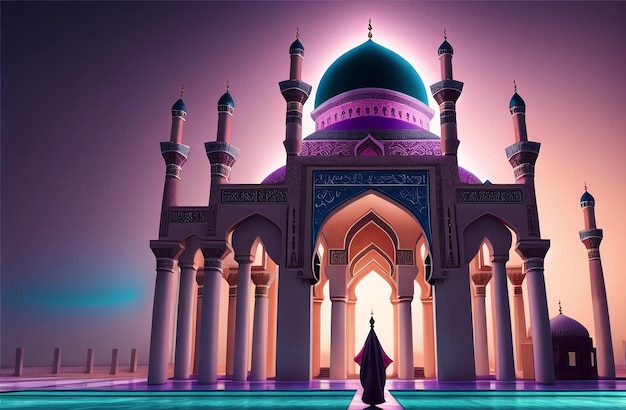 Islamski meczet Masjid generatywny sztandar AI dla Ramadan Kareem i Eid Mubarak Pozdrowienia dla muzułmańskiego festiwalu islamskiego Święty miesiąc ramzan Ramadan Ilustracja tła