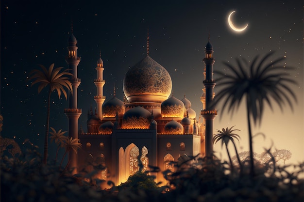 Islamski meczet ramadan kareem z księżycem, powitanie eid mubarak z generatywną technologią ai