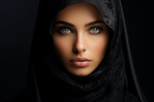 Islamski portret przedstawiający kobietę ubraną w czarny hidżab, wpatrującą się w Generative Ai