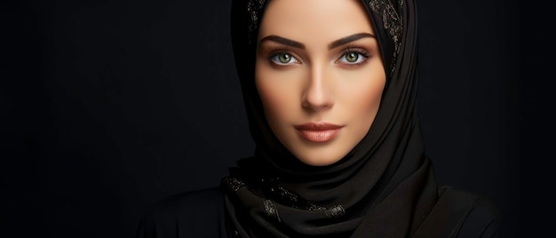 Islamski portret w czarnym hidżabie patrzący na kamerę na ciemnym tle Piękna muzułmańska kobieta