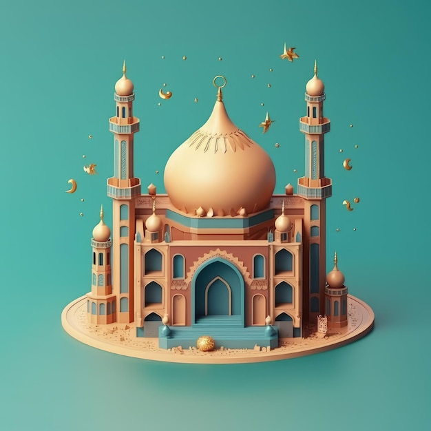Islamski Ramadan pozdrowienie tło z uroczymi ornamentami 3D meczetu i islamskiego półksiężyca