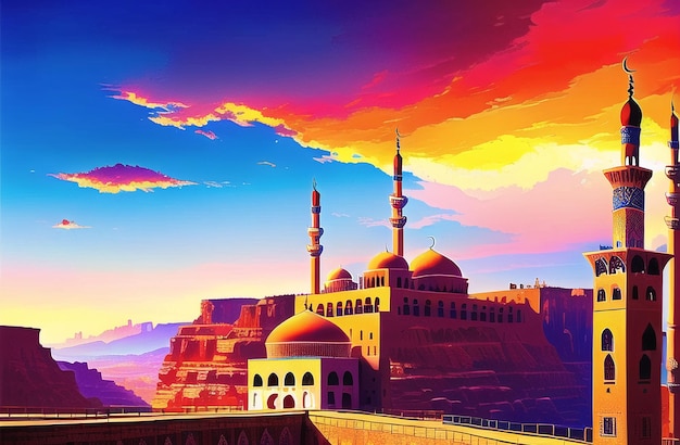 Islamski sztandar meczetu Masjid dla Ramadan Kareem Eid Mubarak Muslim Islamic Festival Generative AI