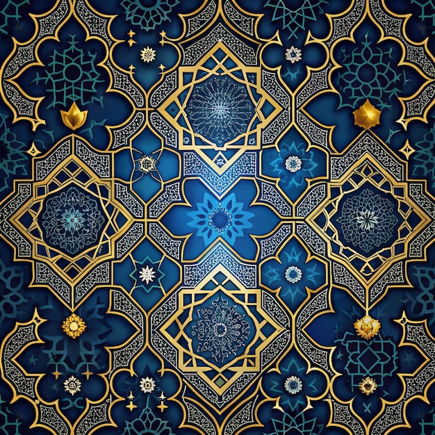 Islamski wzór czarno-niebiesko-złote tło