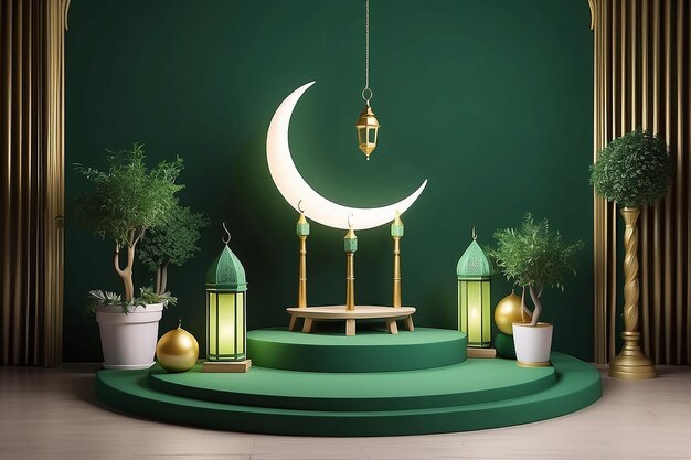 Islamski zielony podium dla sprzedaży ramadanu Podium półksiężyca balon eid fitr adha mawlid isra miraj muharram