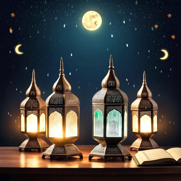Zdjęcie islamskie lampy z koranem na stole generowane przez sztuczną inteligencję