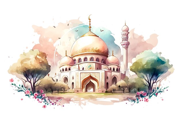 Islamskie meczetowe pozdrowienia w kolorze wody Eid al adha mubarak media społecznościowe post-art w stylu generatywnym ai