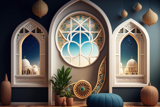 Islamskie okna i łuki z nowoczesnym designem boho w orientalnym stylu księżycowej kopuły meczetu i latarni