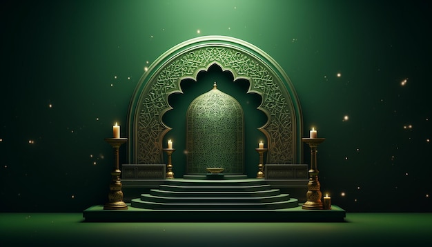 Islamskie podium z tradycyjnym islamskim obiektem na zielonym tle muzułmański symbol religii