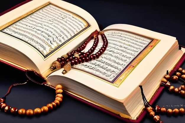 Zdjęcie islamskie pojęcie święty koran z pisanym arabskim kaligrafią znaczenie al quran i koraliki różaniec lub tasbih