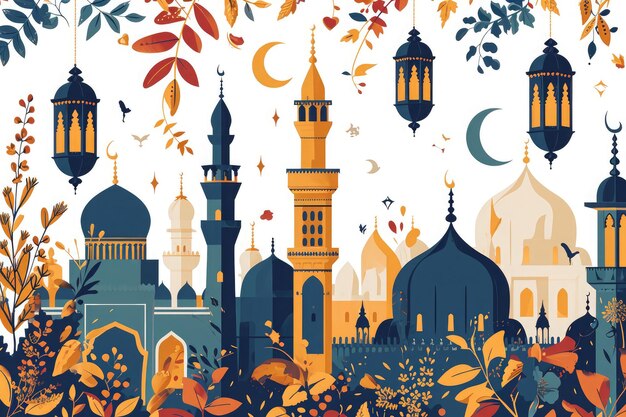 Islamskie pozdrowienia Eid Mubarak latarnia ilustracja ramadan kareem piękne ozdoby tło