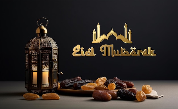 Islamskie pozdrowienia Eid Mubarak lub projekt karty Happy Eid z piękną złotą latarnią i daktylami