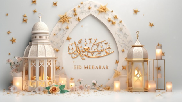 Islamskie pozdrowienia Eid Mubarak lub projekt karty Happy Eid ze złotymi latarniami, kwiatami i datami