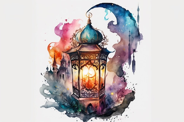 Islamskie pozdrowienia z lampionów Eid al adha mubarak media społecznościowe farba akwarelowa styl artystyczny generatywny ai