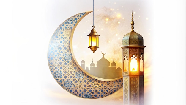 Islamskie święto Eid z lampą i akwarelą księżyca