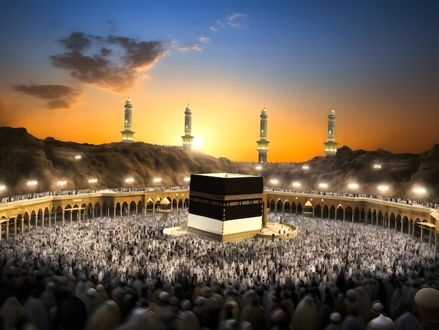 Zdjęcie islamskie tło meczet kabah i księżyc na nocnym niebie pełnym gwiazd ramadan kareem