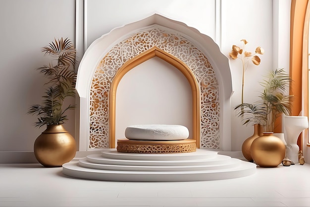 Islamskie tło podium w stylu wschodnim z złotymi dekoracjami model produktu kopiowania przestrzeni