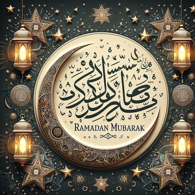 Islamskie tło z oknem meczetu, półksiężycową latarnią i Koranem Ramadan Mubarak