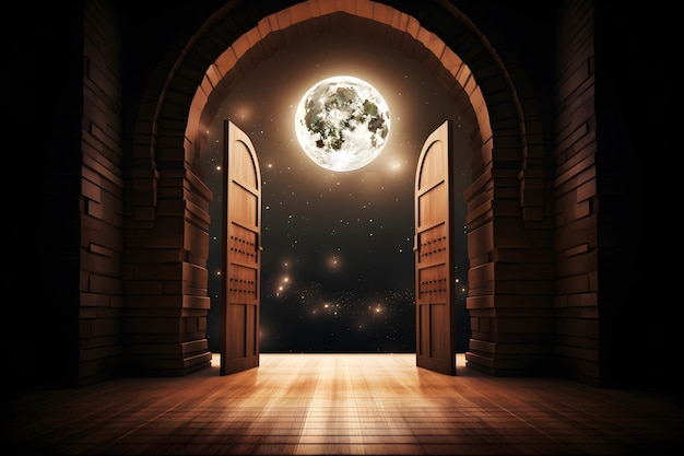 islamskie tło z wspaniałym widokiem wejścia do meczetu i księżyca