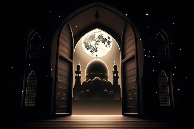 islamskie tło z wspaniałym widokiem wejścia do meczetu i księżyca