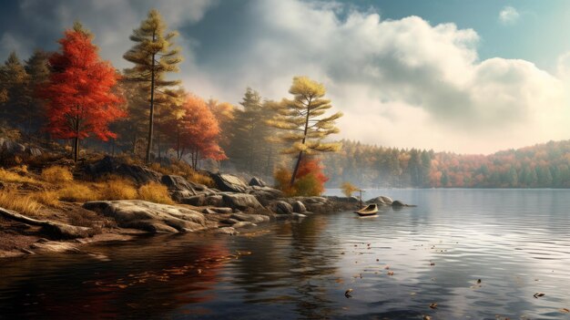 Island Autumn Splendor Nostalgiczne i realistyczne przedstawienie pięknego jeziora