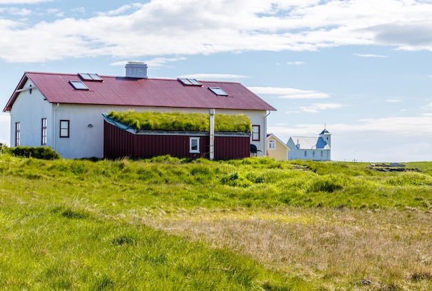 Islandzki eko dom z trawą na dachu w wiosce na wyspie Flatey Islandia