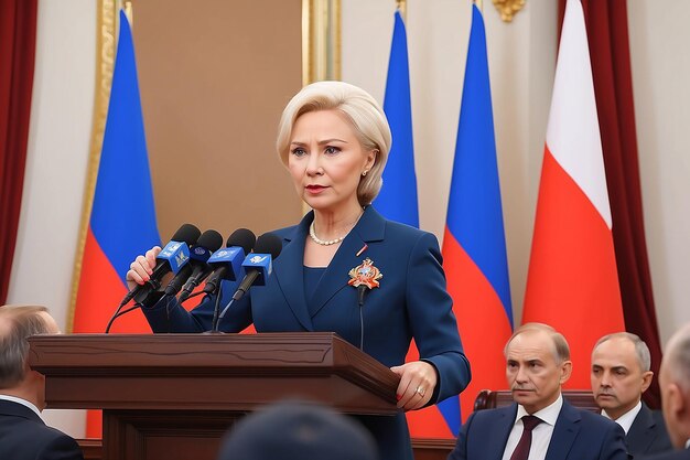 Isometria jest kobietą kandydatką na prezydenta. Kandydat 3D przemawia na briefingu w Kremlu.