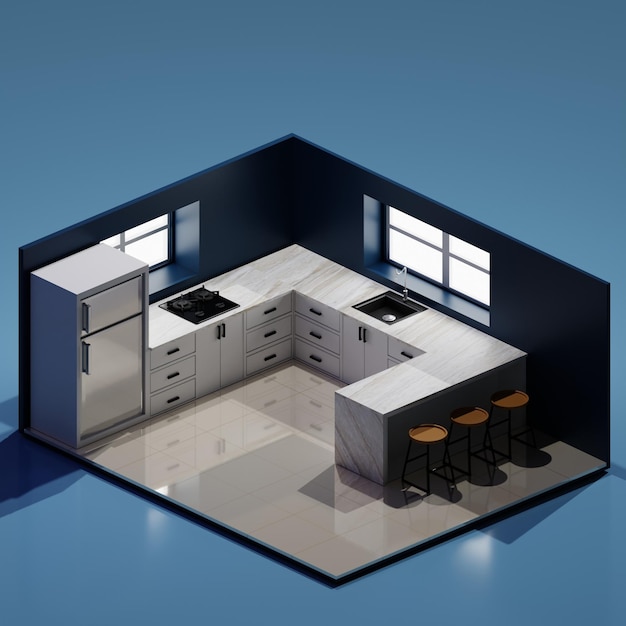 Zdjęcie isometric kitchen 3d render z minimalistycznym designem z niebieskim tłem