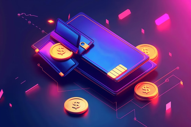 Zdjęcie isometryczna ikona portfela cashback z banknotami, monetami, kartami kredytowymi do oszczędzania finansów, płatnikami internetowymi 3d