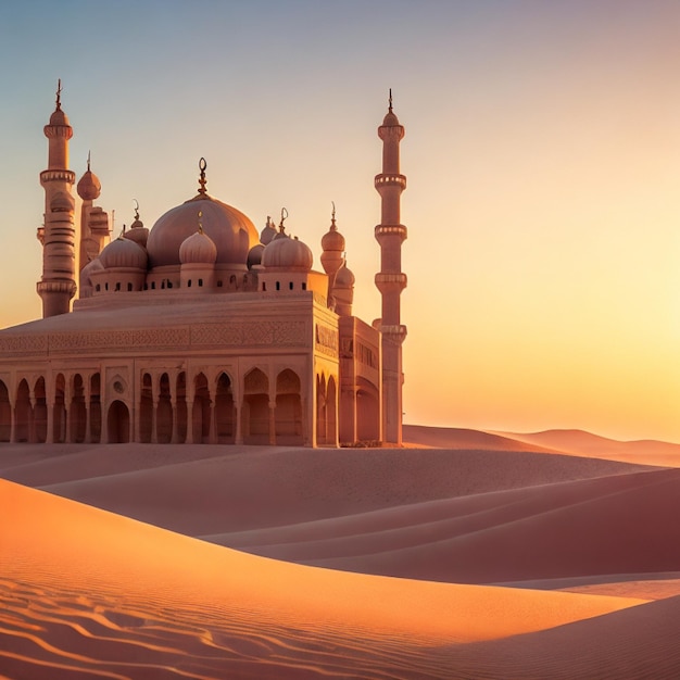 Zdjęcie istana megah dengan menara yang rumit diterangi matahari terbenam dan dikelilingi lautan bukit pasi