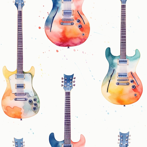 istnieją cztery gitary pomalowane w różnych kolorach i rozmiarach generatywnych AI