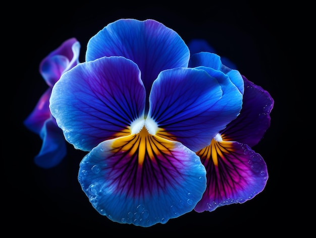 Istnieją dwa niebieskie i fioletowe kwiaty z żółtymi centrami generatywnymi ai