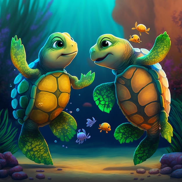 Istnieją dwa żółwie, które pływają razem w oceanie