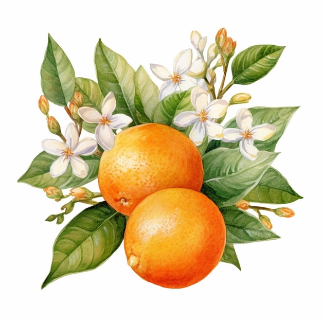 Istnieją dwie pomarańcze z liśćmi i kwiatami na białym tle generatywnego ai
