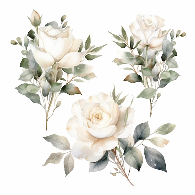 Istnieją trzy białe róże z zielonymi liśćmi na łodygach generatywnych ai