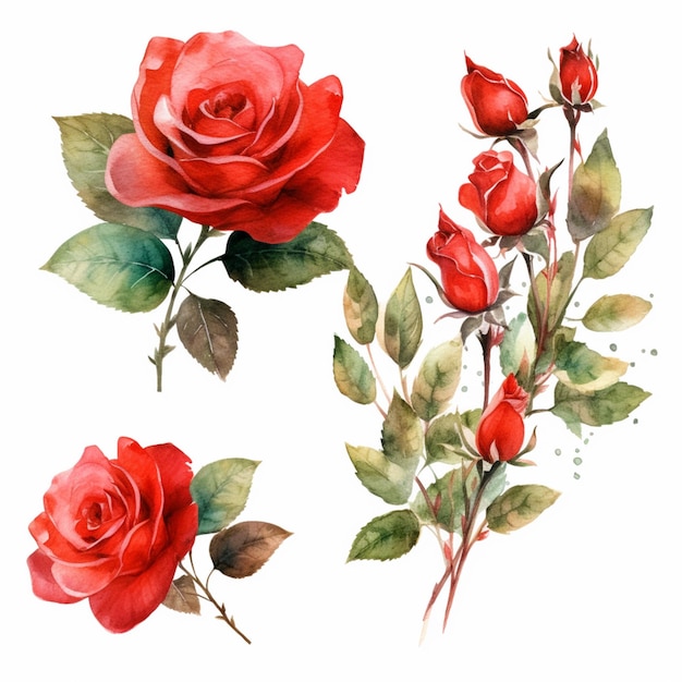 Istnieją trzy róże, które są malowane akwarelą na białym tle generatywnym ai